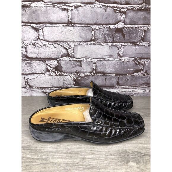 Mephisto Black Patent Leather Crocometal Croc Print Mules Shoes Women 8M US/39EU - Picture 1 of 16